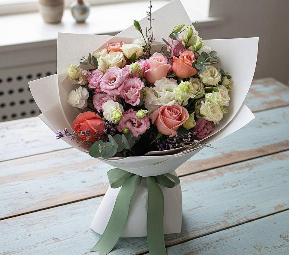 Букет цветов из: Розы, Лизиантусы и Гвоздики в Лаврово