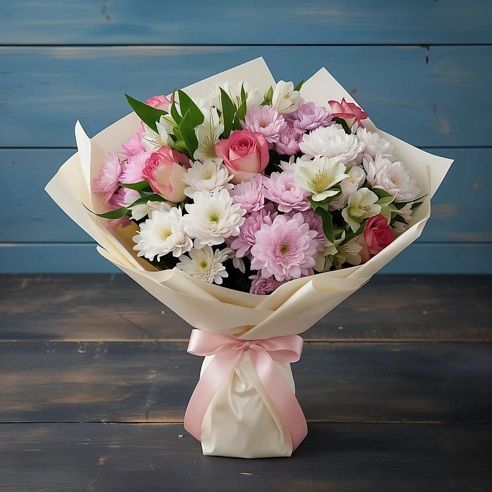 Букет цветов из: Хризантемы, Альстромерии и Розы в Лаврово